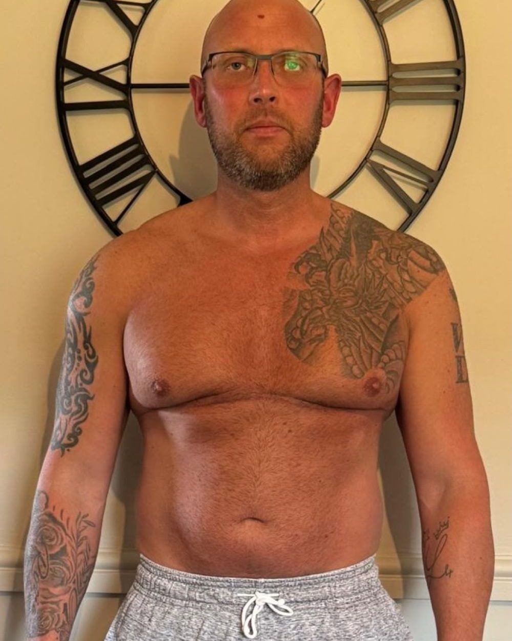 Client 3 before coaching: front relaxed pose, softer chest and midsection
